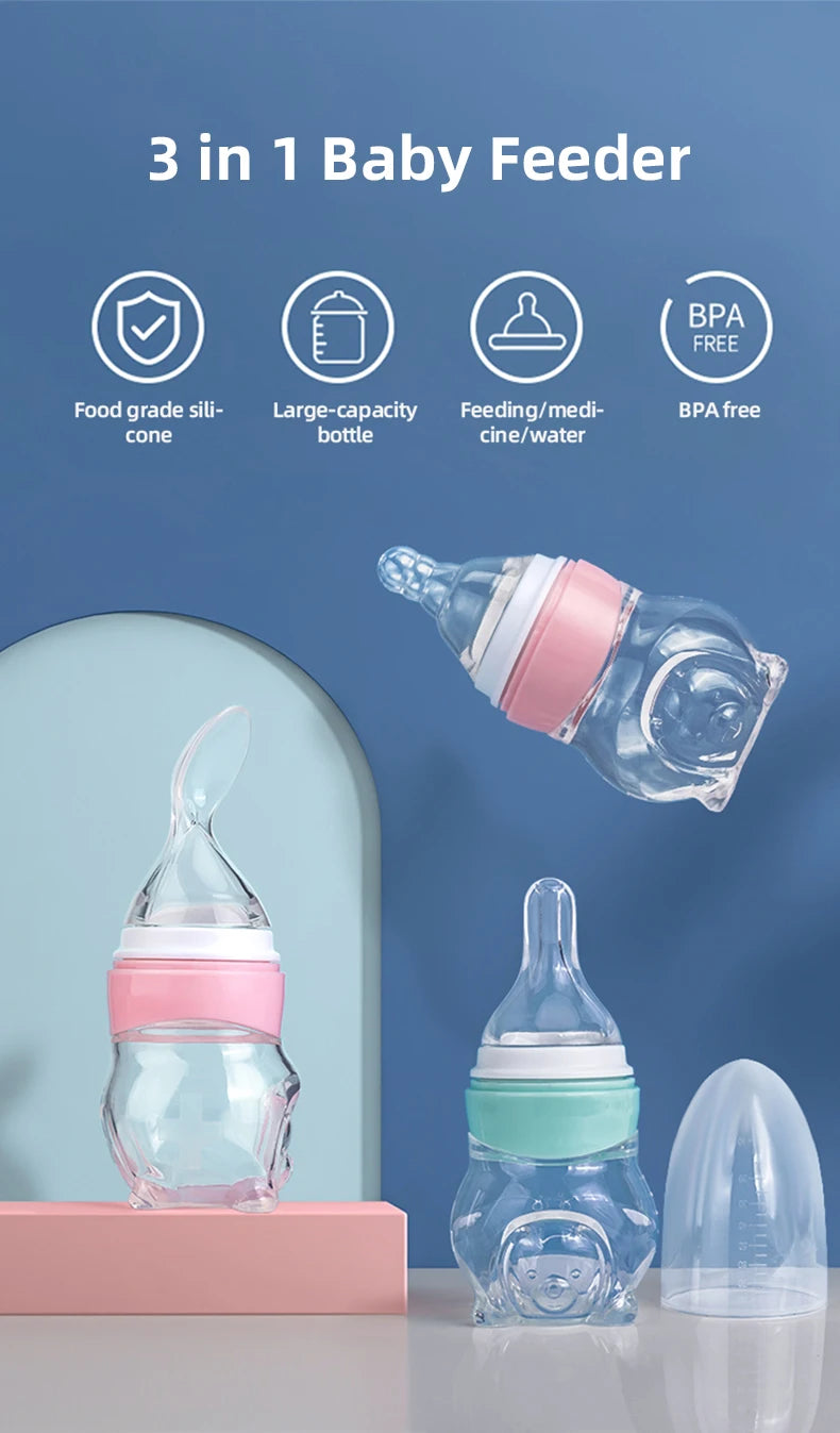 1 Pc Baby Medicine Feeder Bottle 70ml Bear Design Prevent Choking With 2 Pcs  Silicone Replacement Pacifier And Food Spoon Head