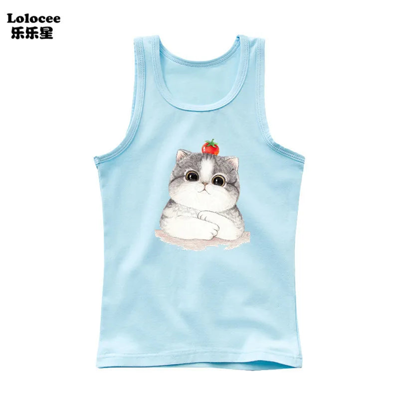 2024 Summer Girls Cute Cat Print  Vest Princess Girl Fashion Tank Top Kids Sleeveless T-shirt 3-14y