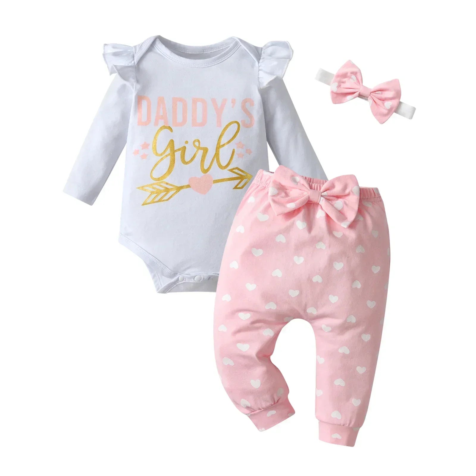 Newborn infant Baby Girls Fashion Clothes Set Letters Printed Cotton Long Sleeve Bodysuit Top + Hearts Pattern Pants + Headband