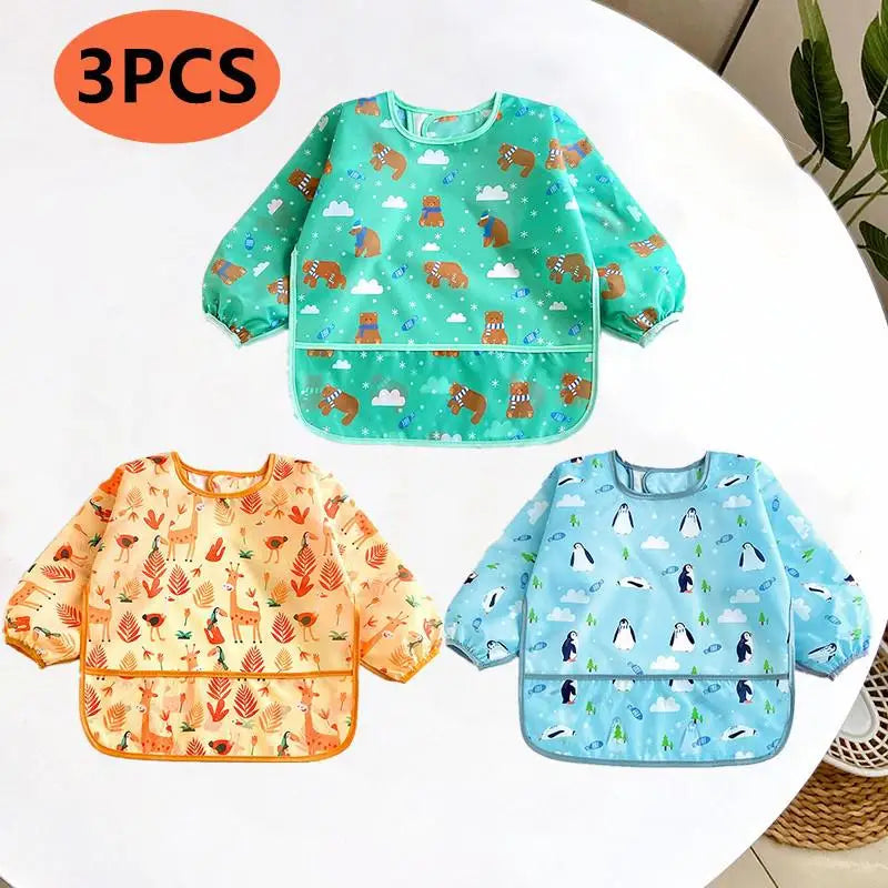 Baby Bibs Cute Colorful Cartoon Waterproof Bib Infant Eating Children Drawing Long Sleeve Apron Self Feeding Baby 0-3 Years