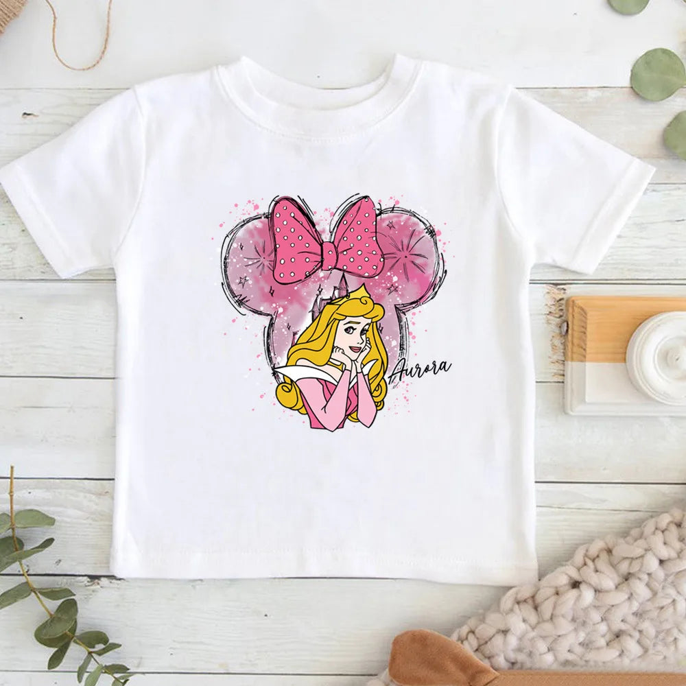 Cartoon Disney Princess Print T-shirts for Children Summer Cotton Short Sleeve Children Clothes Girl Tops