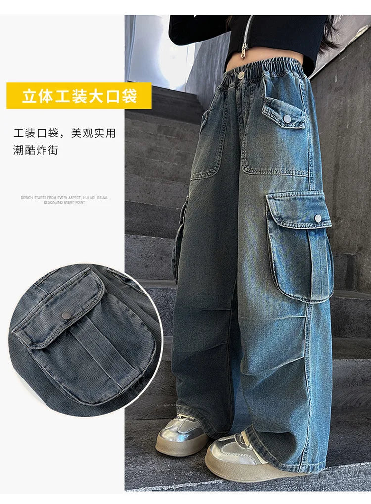 2025 Teenage Girls Jeans with Big Pocket Four Seasons High Waist Fashion Blue Cargo Denim Pants 2024 Hot Sale Wide Leg Trousers