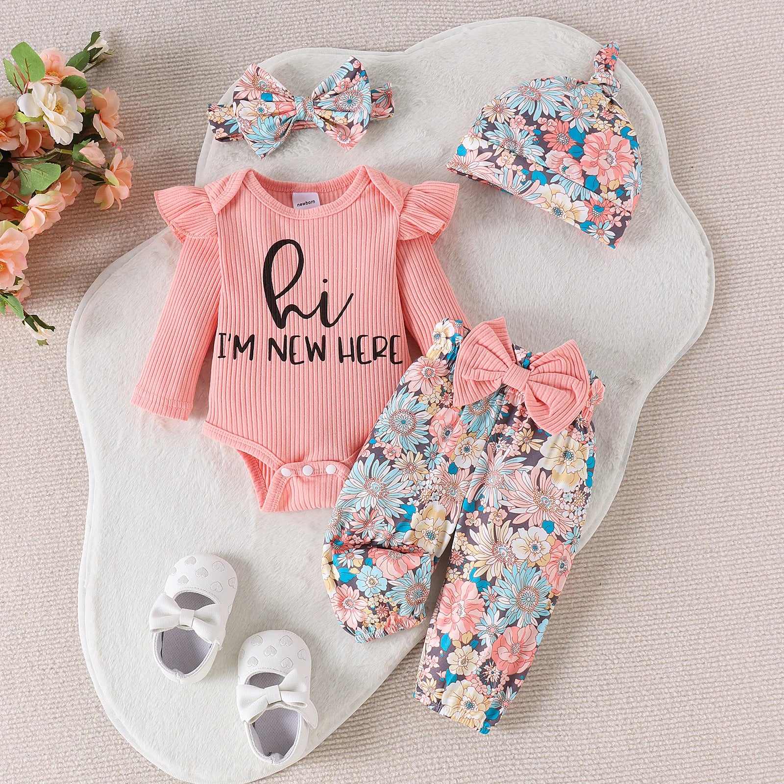 4PCS Autumn From 0 To June, Newborn Boys And Girls, Comfortable Casual Letter-Printed Pit Strip Top + Trousers + Hair Band Hat