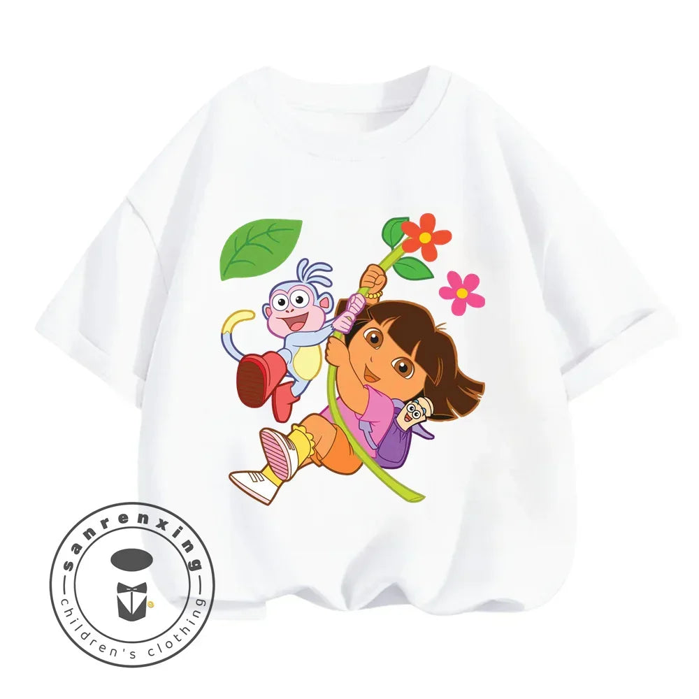 Fun Boys Girls Fashion T-shirt Dora Animated Cartoon Printed Kids T-shirt Hip Hop Boys Clothes White Short Sleeve Shirt Top