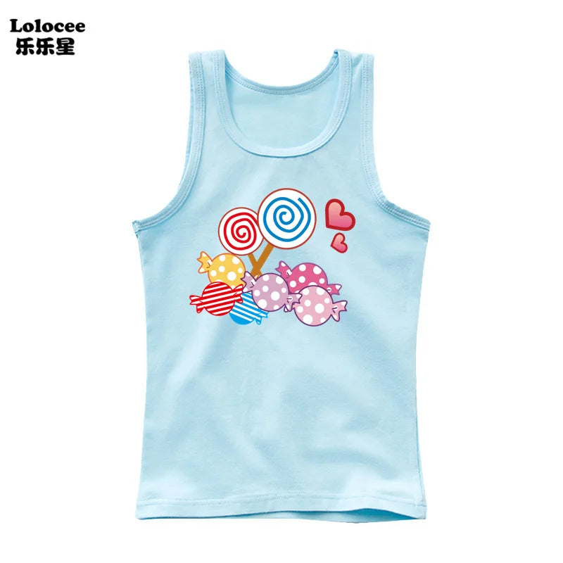 2024 Summer Girls Cute Cat Print  Vest Princess Girl Fashion Tank Top Kids Sleeveless T-shirt 3-14y