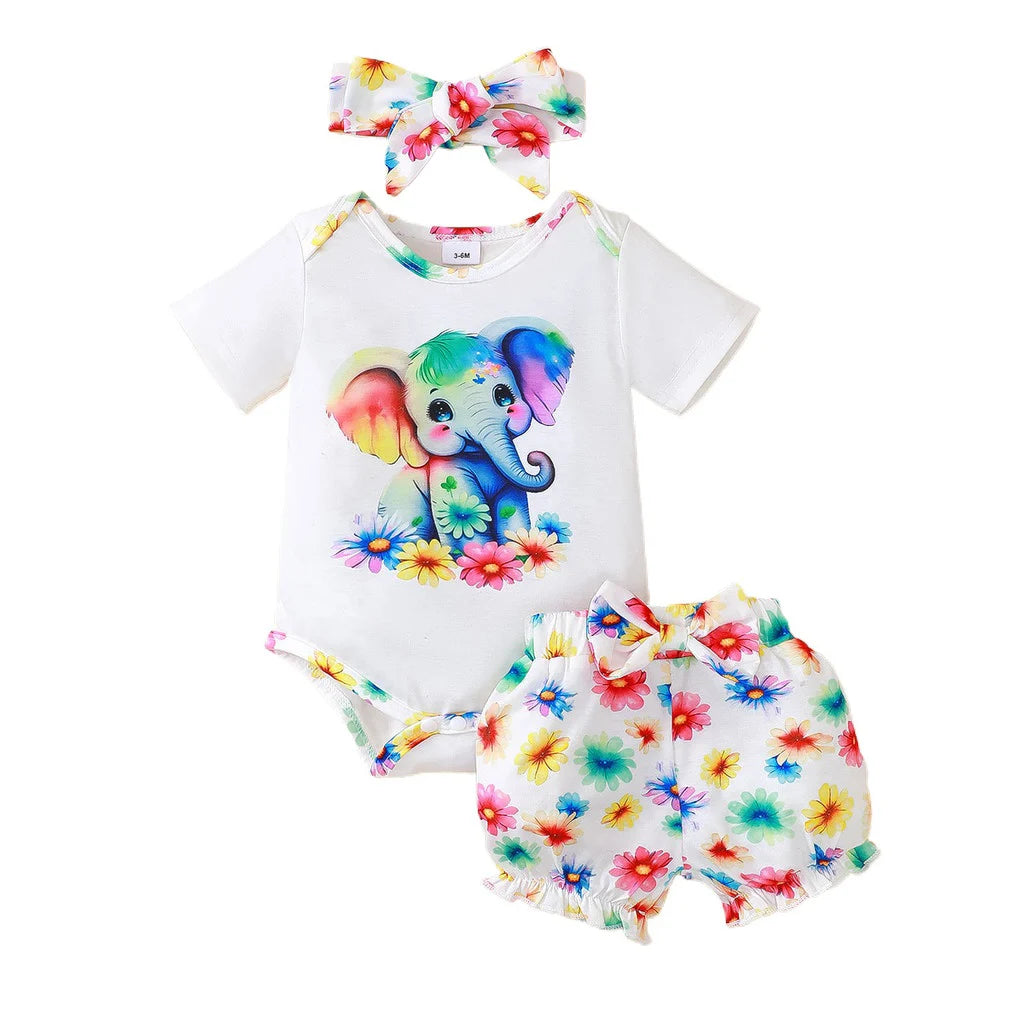 3PCS Newborn Baby Girl Clothing Set Short Sleeved Elephant Bodysuit+Flower Shorts Summer Casual Outfits for 0-24 Months Toddler