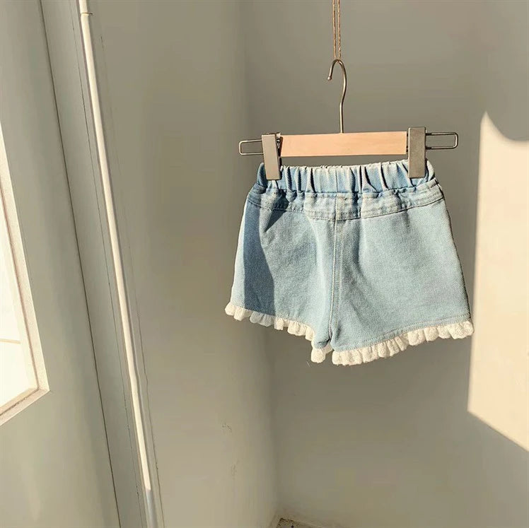 Girls' Jeans 2024 New Fashion Korean Edition Denim Shorts Children's Lace Lace Casual Pants Solid Color Loose Pants