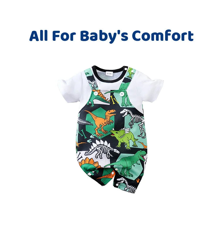 Newborn Clothing Handsome Cartoon Dinosaur False Strap Full Print Soft Summer Boys And Girls 0-18 Short Sleeve Baby Bodysuit