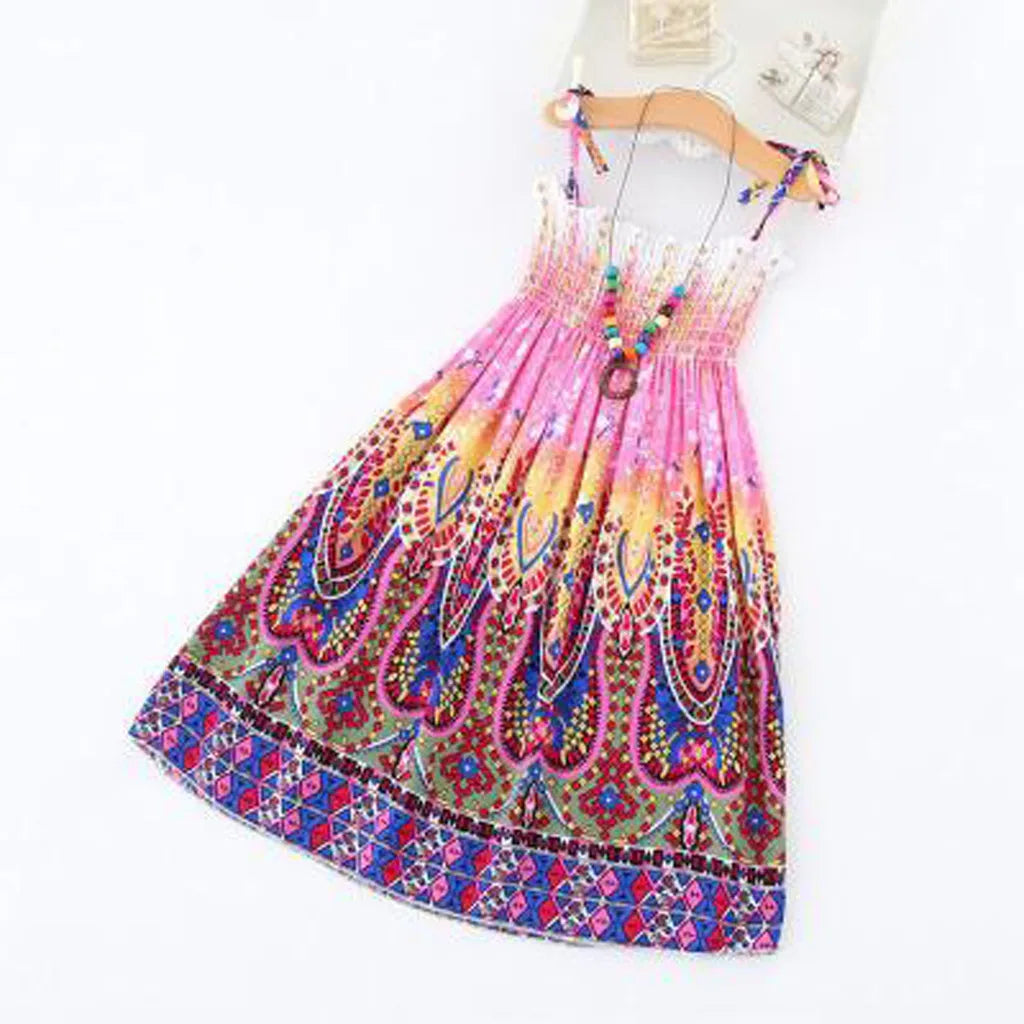 2024 Summer Dress Infant Kids Girls Baby Clothes Vestidos Floral Bohemian Beach Straps Dress  детская одежда Ropa Para NiñAs