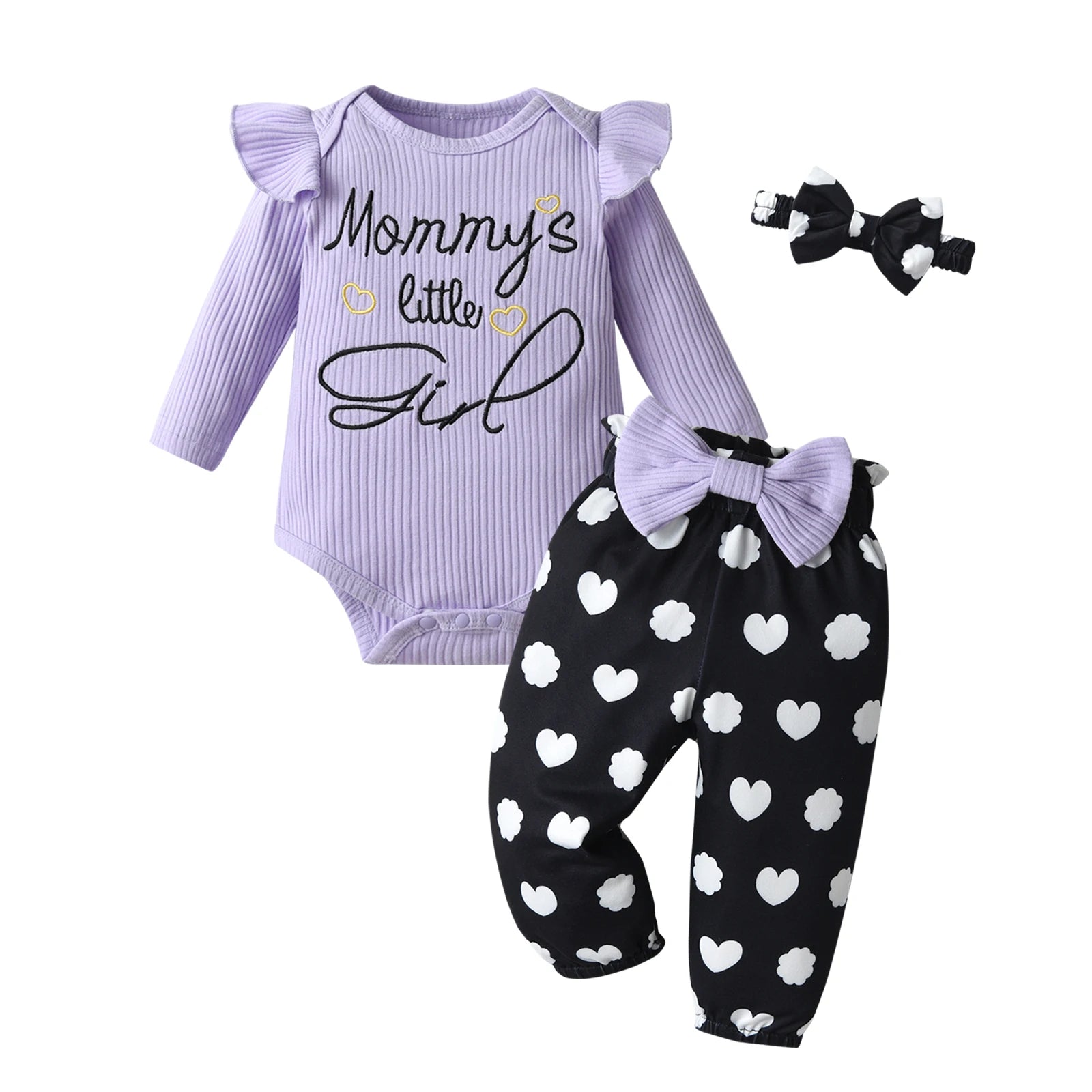 Newborn infant Baby Girls Fashion Clothes Set Letters Printed Cotton Long Sleeve Bodysuit Top + Hearts Pattern Pants + Headband