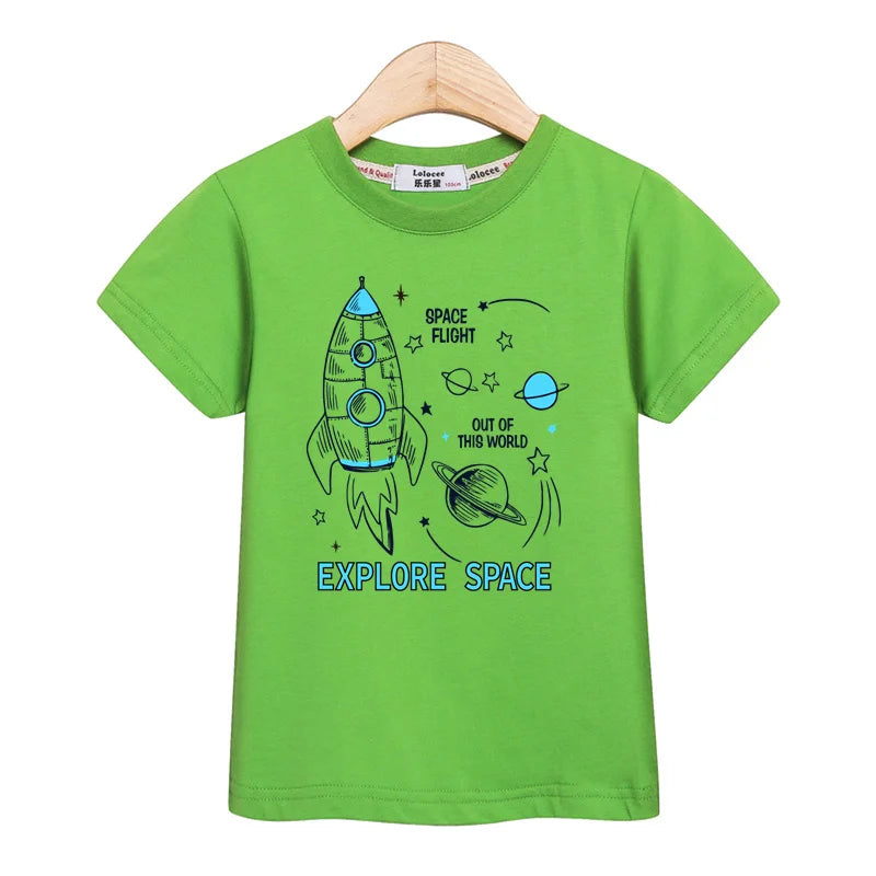 2024 New Spaceship T-shirt Baby Boys Short Sleeved Tops Children Summer Cartoon Shirt 3-14T