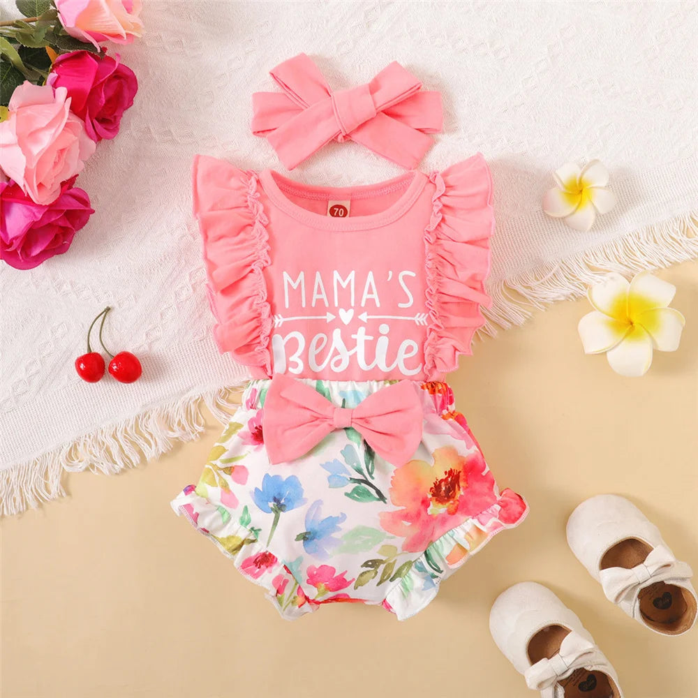 0-18Months Newborn Baby Girl Clothes Mommy's Girl Print Sleeveless Romper Top+Flowers Shorts+Headband Summer Lovely 3PCS Outfit