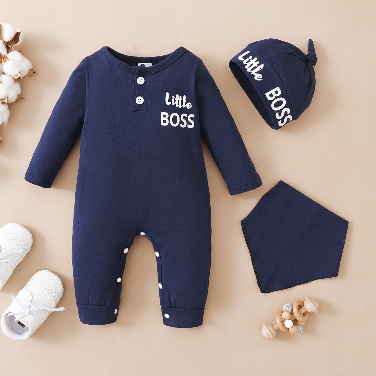 3PCS Newborn Baby Boy Fashion Jumpsuit Solid Color Long Sleeve Bodysuit+Hat+Bibs Spring&Autumn Romper for Infant Boy 0-12 Months