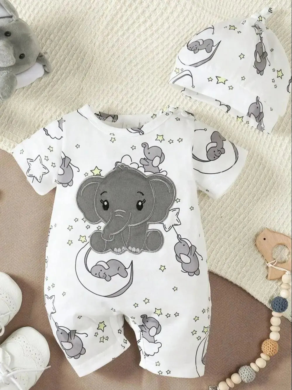 Newborn Baby Boys' Casual Cute Cartoon Elephant Pattern Round Neck Short Sleeve Romper With Shoulder Snaps, Shorts And Hat