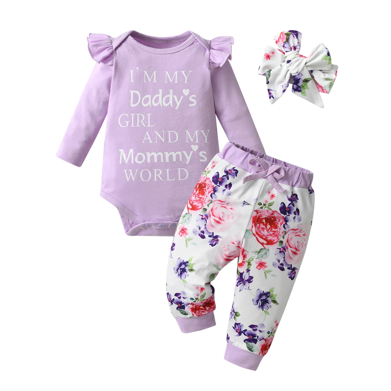 Newborn infant Baby Girls Fashion Clothes Set Letters Printed Cotton Long Sleeve Bodysuit Top + Hearts Pattern Pants + Headband