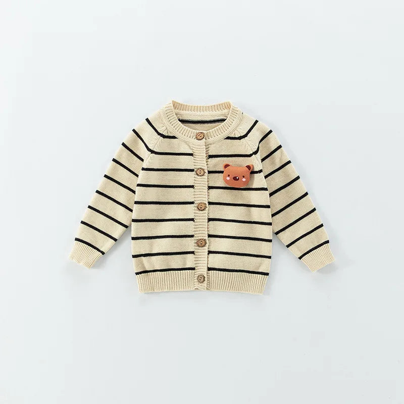 Spring Autumn 0-3 Years Baby Boys Sweater Striped 3D Bear Single Breasted Newborn Boys Knitwear Elastic Hem Infant Boys Knitwear