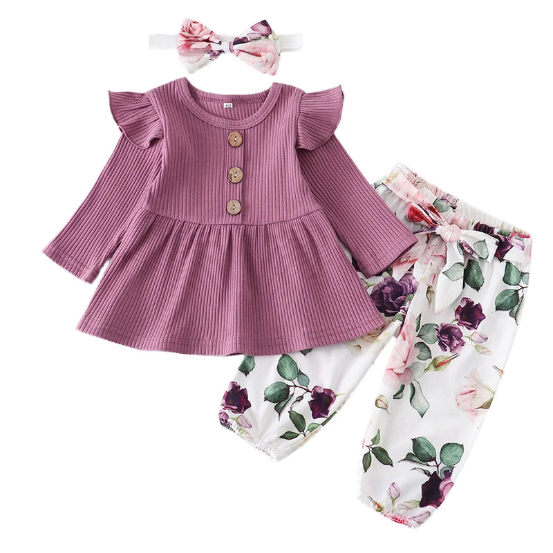 3Pcs Autumn Baby Girl Clothes Sets Infant Newborn Long Sleeve Tops Floral Print Pants Headband Solid Clothing Outfit 0 3-24M