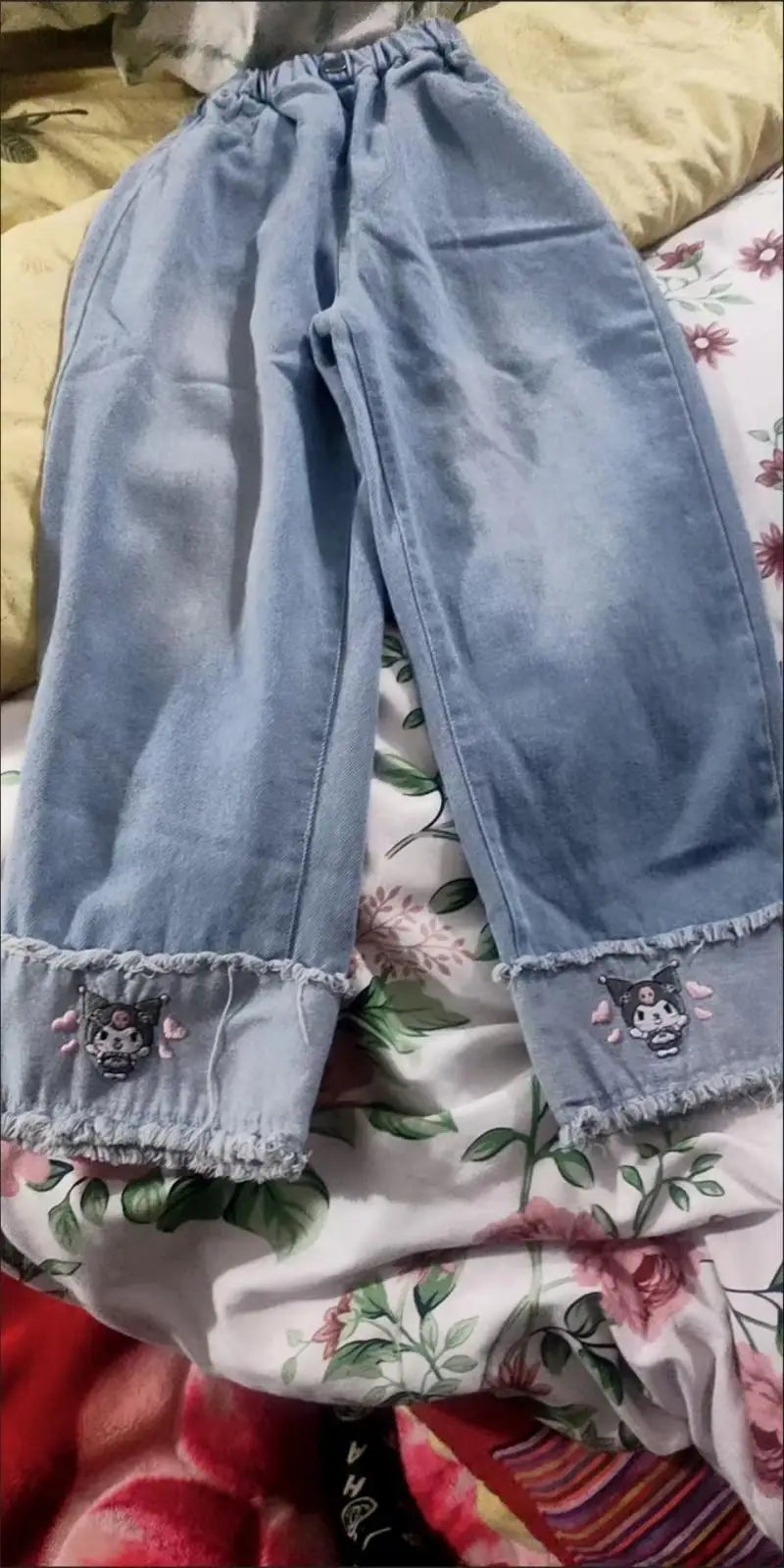 Cartoon Kuromi Girls Wide Leg Jeans Spring  Autumn Cute Elastic waist Versatile Straight Tube kids Childrens Wear Spring Pants