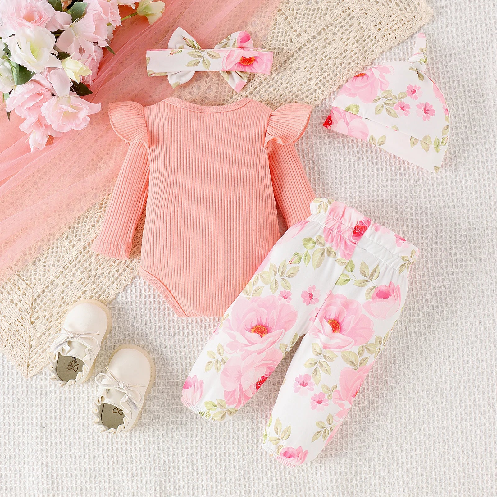 4PCS Autumn From 0 To June, Newborn Boys And Girls, Comfortable Casual Letter-Printed Pit Strip Top + Trousers + Hair Band Hat