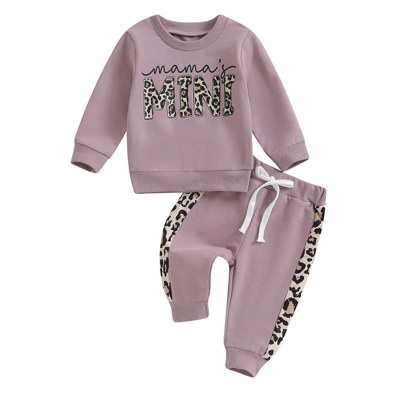 2 Pcs Toddler Baby Girl Spring Fall Clothes Letter/ Leopard Print Long Sleeve Pullover Tops Pocket Pants Casual Outfit