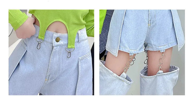 Fashionable Children's Jeans Teens Girls Pants Hip Hop Hooks Split Jeans Shorts Spring Summer Kids Trousers Trend Wide-Leg Jeans