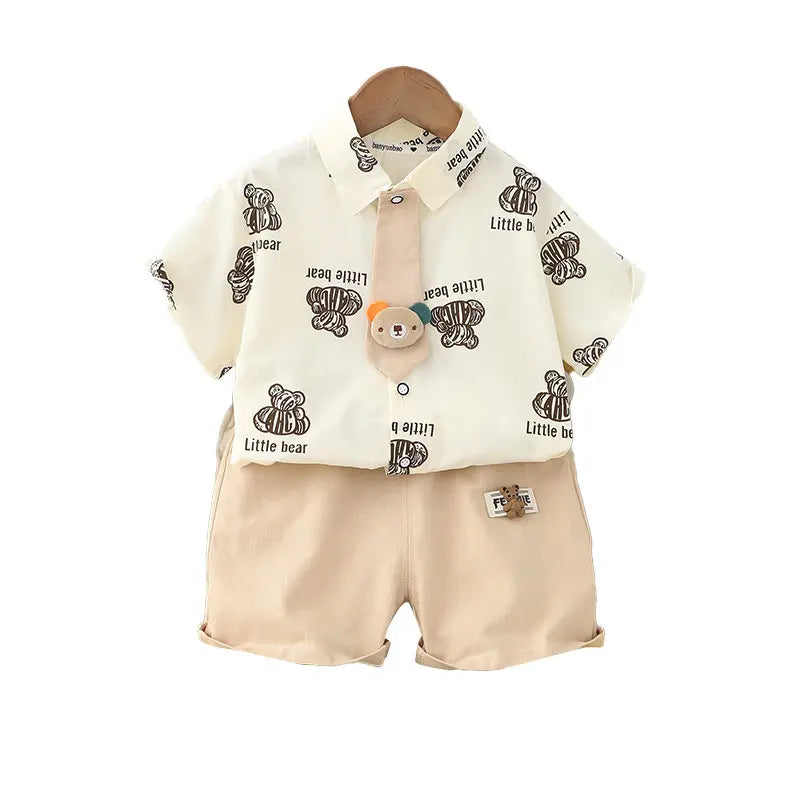 Children Clothes Spring Cartoon Kids Boy Short Sleeve Full Printe Bear Shirts Pants 2Pcs/Set Tie Kid Fashion Toddler Tracksuits