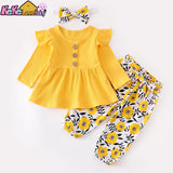 3Pcs Autumn Baby Girl Clothes Sets Infant Newborn Long Sleeve Tops Floral Print Pants Headband Solid Clothing Outfit 0 3-24M