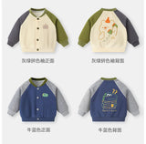 Spring Autumn Children Boy Baseball Uniform Cotton Bear Dinosaur Baby Boy Jackets V-collar Spliced Raglan Sleeve Infant Boy Coat