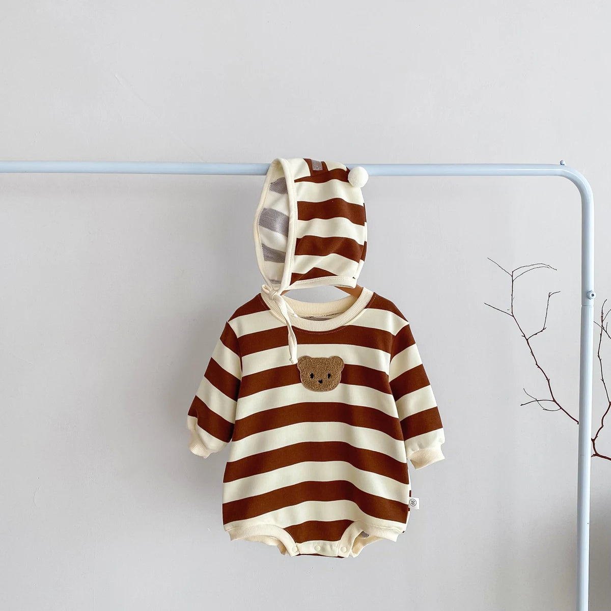 FLM Baby Romper Long Sleeved Bear Pattern + Hat Stripe Toddler Boy  Jumpsuit Baby Clothes 0-24M