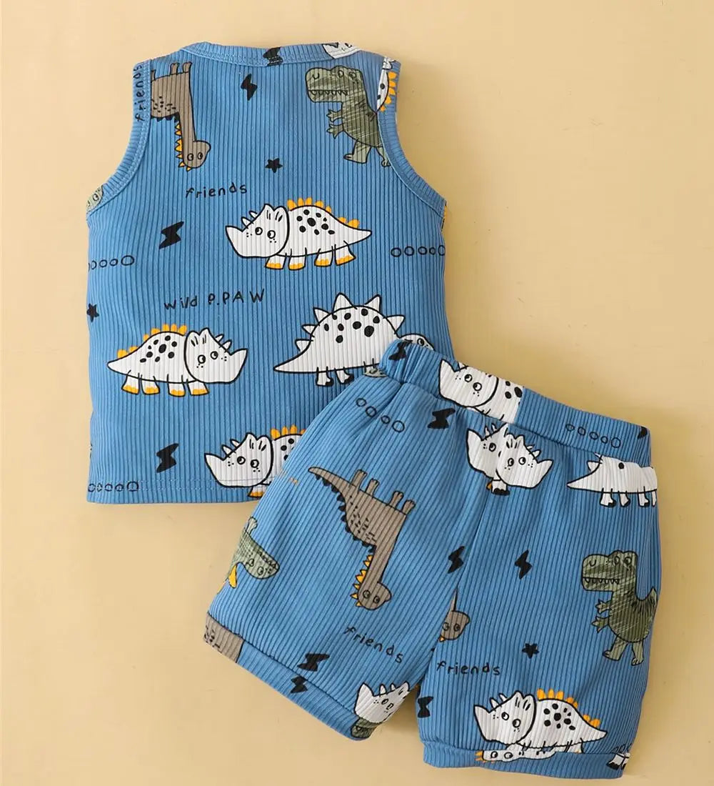 0-3 Years Toddler Baby Boy 2PCS Clothes Set Cartoon Dinosaur Blue Sleeveless Shirt+ Shorts Cute Style Soft Summer Daily Wear