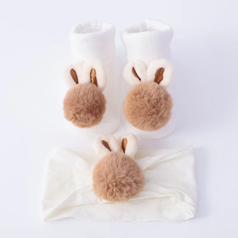 2Pcs Set Baby Socks Headband Cute Plush Ball Newborn Short Socks Cute Kids Baby Girl Hairbands Socks Photo Props