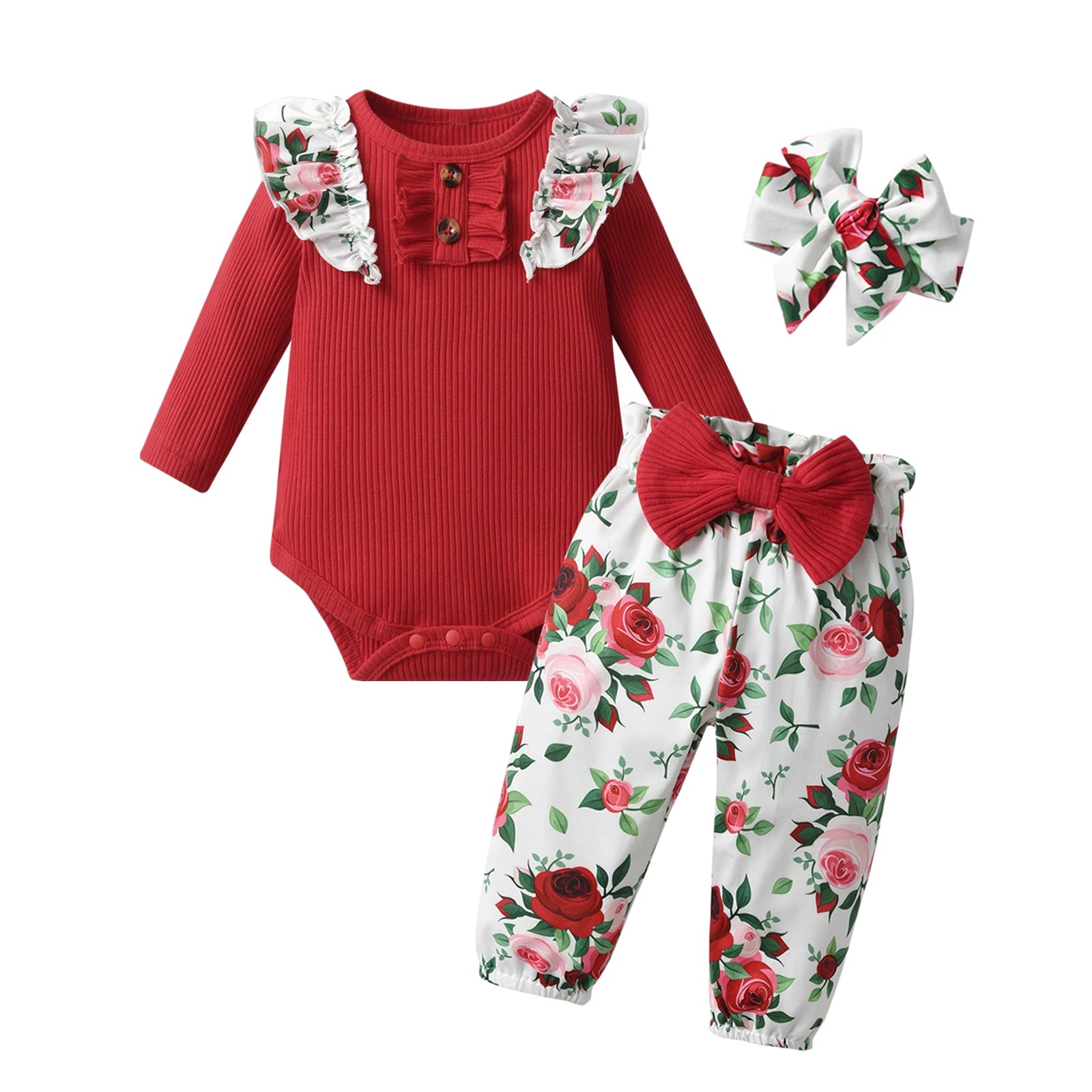 Newborn infant Baby Girls Fashion Clothes Set Letters Printed Cotton Long Sleeve Bodysuit Top + Hearts Pattern Pants + Headband