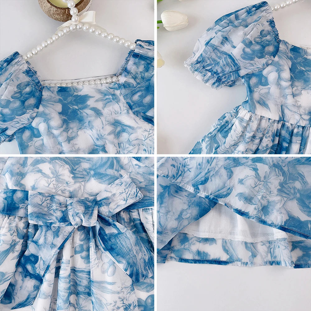 Bear Leader 2023 Summer New Girls' Fashion Ink Painting Print Speaker Short Sleeve Princess Dress Children's Casual Dress