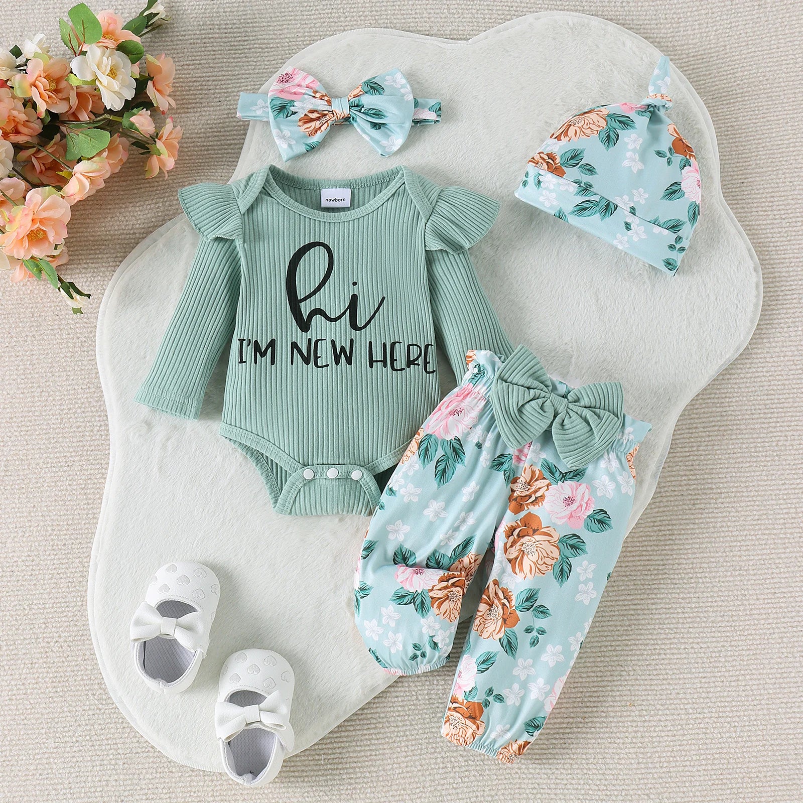 4PCS Autumn From 0 To June, Newborn Boys And Girls, Comfortable Casual Letter-Printed Pit Strip Top + Trousers + Hair Band Hat