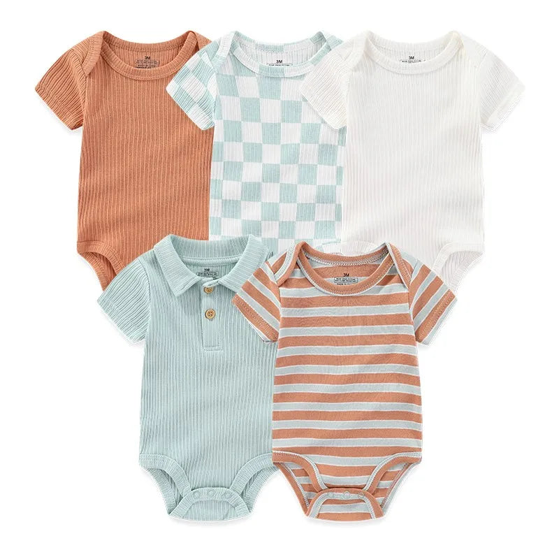 Unisex 5Pieces Newborn Bodysuits Cotton Baby Girl Clothes Set Summer Print Baby Boy Clothes Cartoon Sleeveless Solid Color Bebes