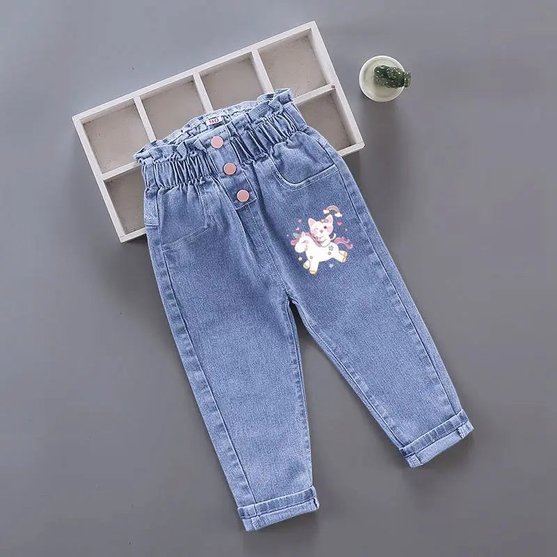 Children's fashion Spring and Autumn Jeans 2024New Boys' Korean Edition Cartoon Elastic Jeans Girls' Versatile Jeans 1-6Y