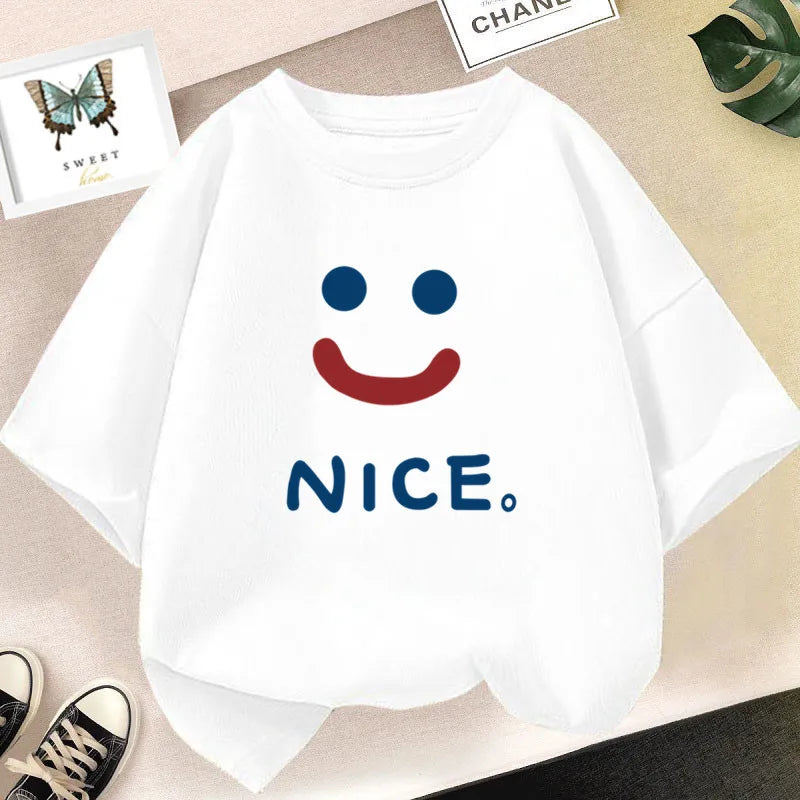 Happy Smile Design Girls Tshirt Kids Street Breathable Tops Personality Cotton Clothing Summer Cool Sports T-Shirts