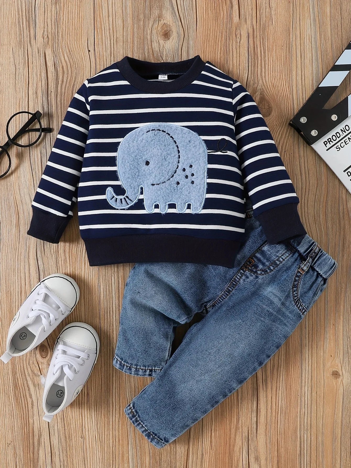 0-24 Months Spring Autumn New Boy Girl And Toddler Elephant Stripe Top Casual Cute Print Jeans Set