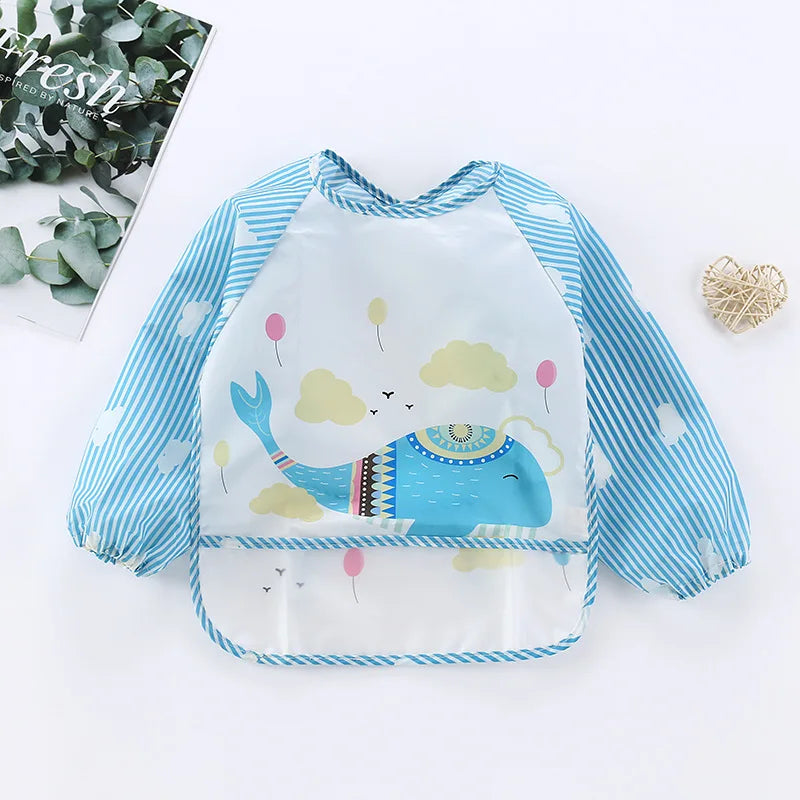 Baby Bibs Cute Colorful Cartoon Waterproof Bib Infant Eating Children Drawing Long Sleeve Pocket Apron Self Feeding Baby 0-3Y