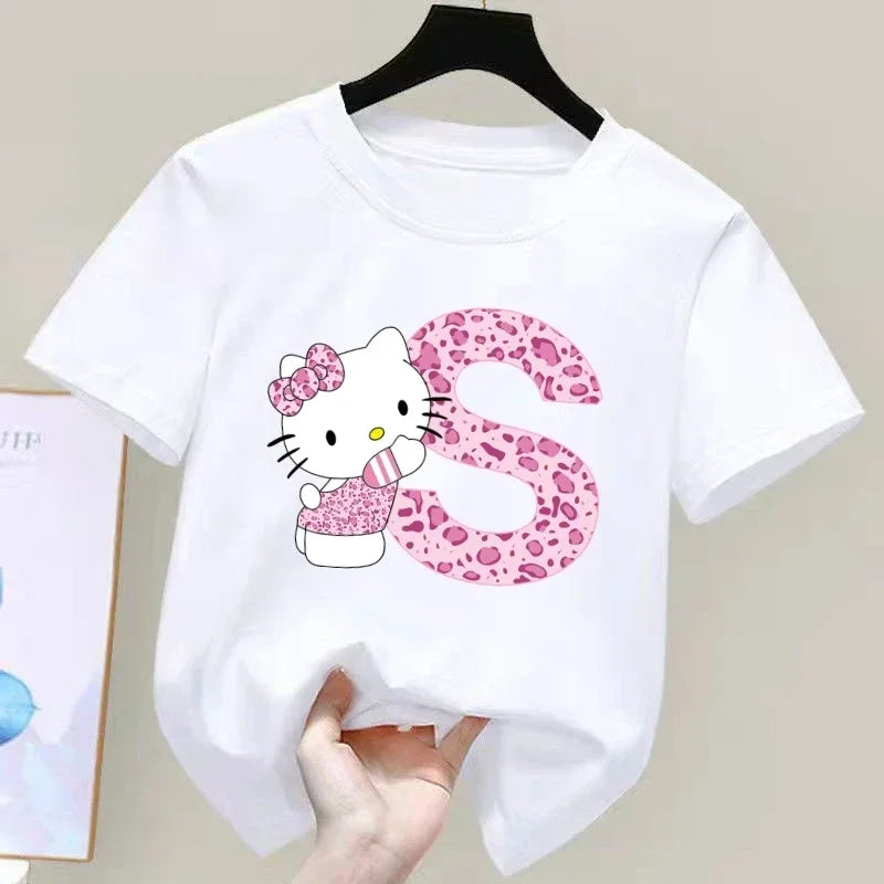 Hello Kitty Letter A-Z Children's Cotton Short-sleeved Top Sanrio Summer T-shirt Girly Heart Soft Clothes Kawaii Birthday Gift