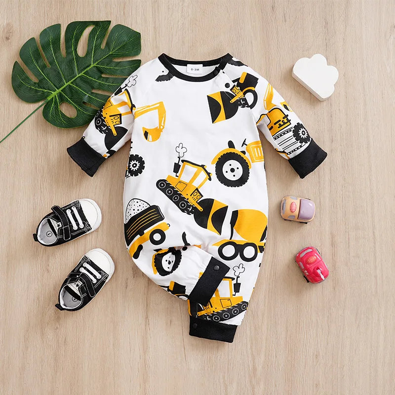 Fashion Newborn Baby Boy Spring and autumn Clothes Long sleeves and Round Collar Cartoon Car Print Romper Jumpsuit 0-24 months