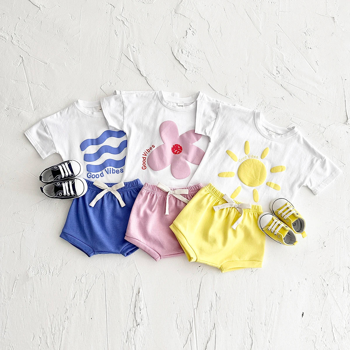 Summer Newborn Boys Baby Set Ripple Flower Pattern Short Sleeved T-shirt+Beach Shorts Cotton Casual Girls Clothing Suit 0-3Y