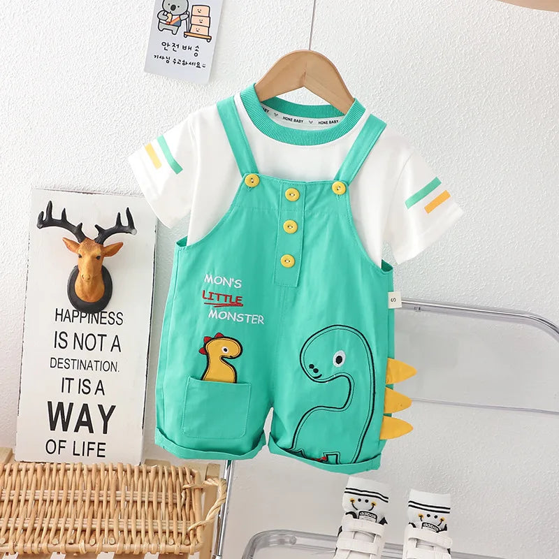 New Toddler Summer Baby Boys/Girls Clothes Children Cartoon Dinosaur T-Shirt Bib Pants 2Pcs/Set Infant Kids Fashion Tracksuits