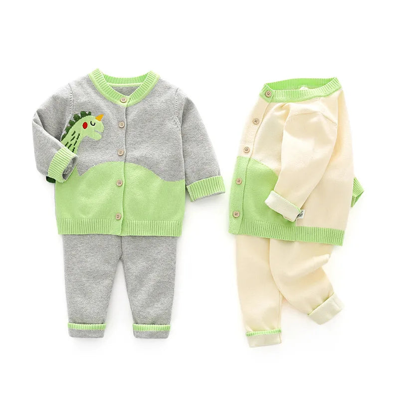 New Spring Autumn 0-3 Year Baby Boy 2PCS Clothes Set Patched Dinosaur Sweaters Woven Cotton Knitted Pants Suit Infant Boy Outfit