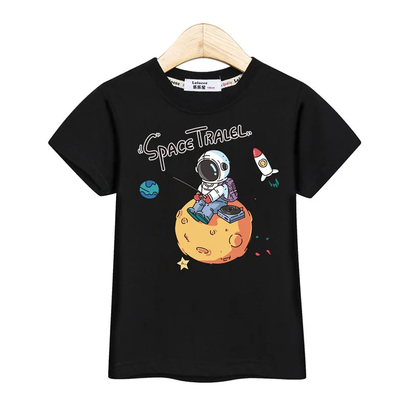 2024 New Spaceship T-shirt Baby Boys Short Sleeved Tops Children Summer Cartoon Shirt 3-14T