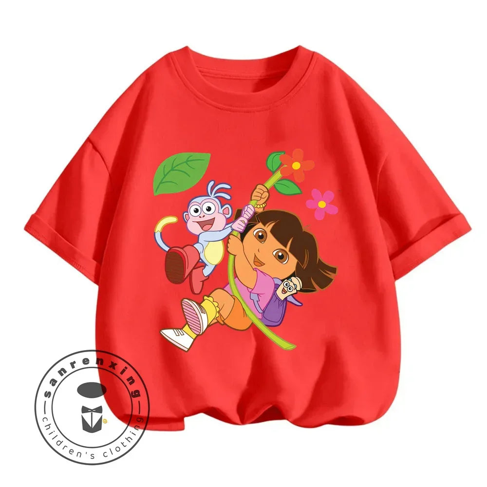 Fun Boys Girls Fashion T-shirt Dora Animated Cartoon Printed Kids T-shirt Hip Hop Boys Clothes White Short Sleeve Shirt Top