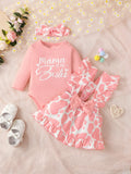 Baby Girl Slogan Graphic Bodysuit & Cow Print Ruffle Trim Bow Front Overall Dress & Headband