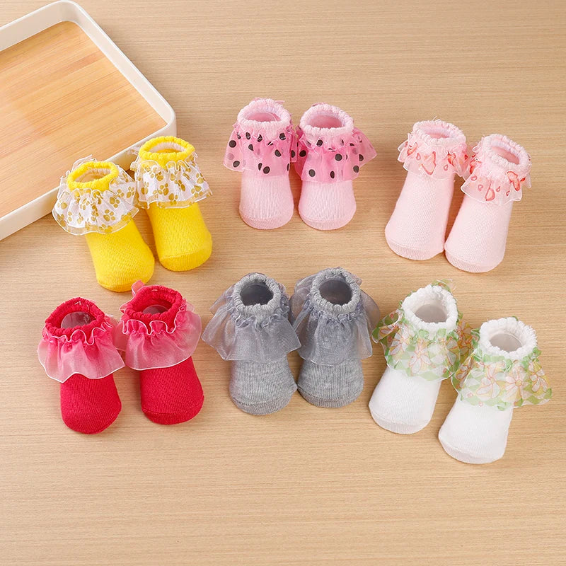 6Pairs/Lot Newborn Baby Socks Infant Kids Knee High Ruffle Girls Sock Anti Slip Long Frilly Lace Socks For 0-24months