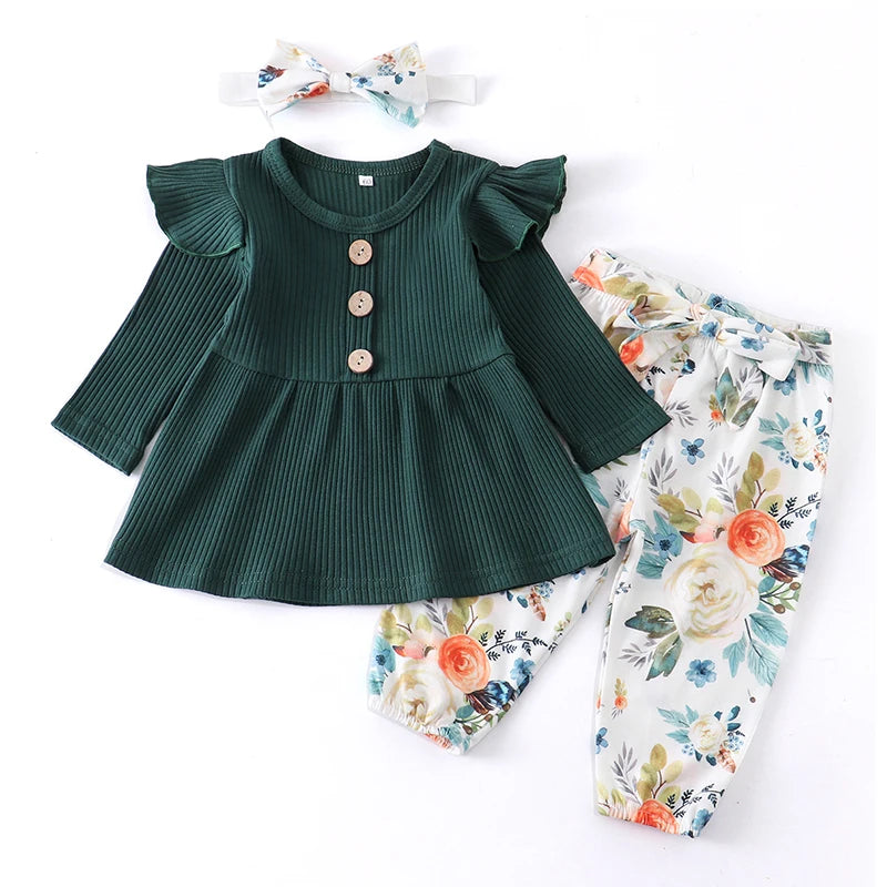 3Pcs Autumn Baby Girl Clothes Sets Infant Newborn Long Sleeve Tops Floral Print Pants Headband Solid Clothing Outfit 0 3-24M