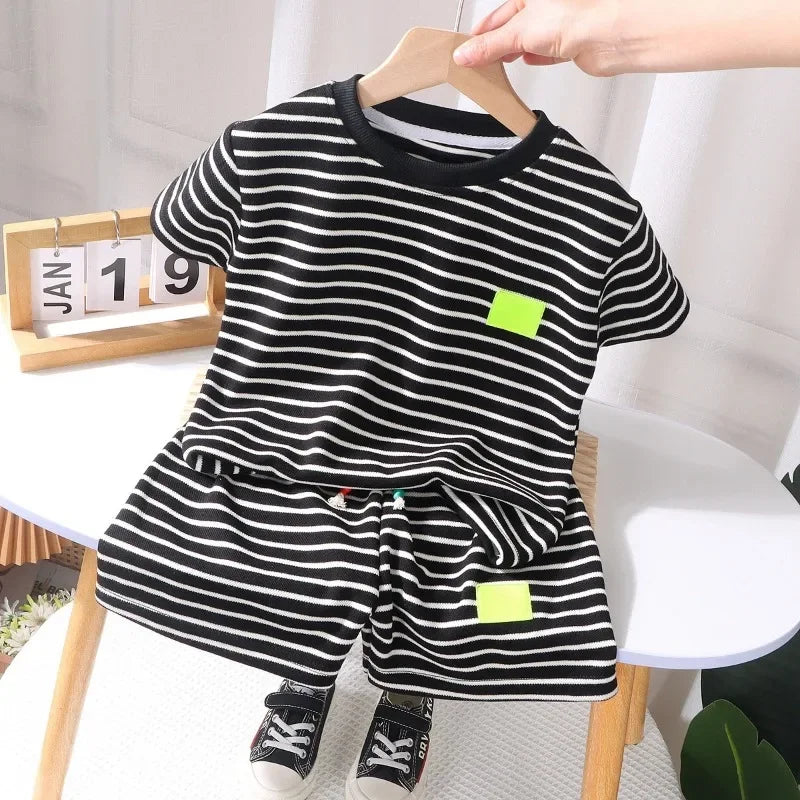 2Pcs Fashion Children Short Sleeve Shorts Sets Summer Kids Clothes Boys Baby Cotton Tee Pant Outfits Black and White Stripe